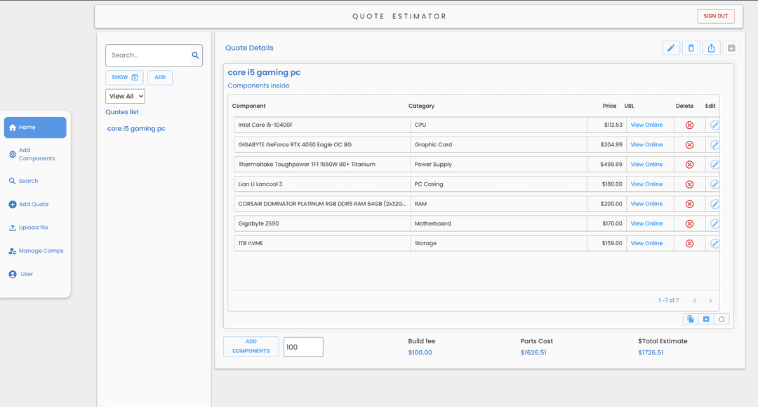 PC Quote Estimator